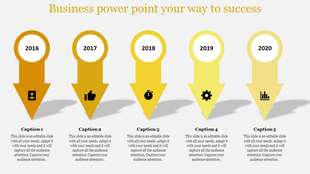 Business timeline with five arrows pointing down, labeled 2016–2020, with user, thumbs-up, timer, gear, and chart icons.