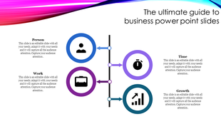 PowerPoint slide featuring icons for Person, Work, Time, and Growth with corresponding descriptions.