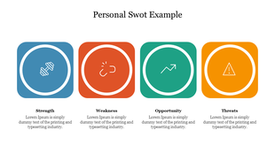 Strength, weakness, opportunity, and threats represented in a colorful grid format with simple icons and caption areas.