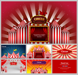 Circus themed slide pack featuring tents with bright lights and marquee, set against backgrounds of red, yellow, and blue.