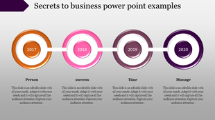 Timeline layout with four circular milestones in orange, pink, brown, and purple, connected by a white line.