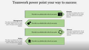 Teamwork slide with four green arrows, each featuring icons like checklist, wrench, cycle, and document.