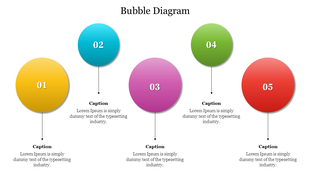 A bubble diagram PPT slide with five colorful circles, each numbered 1 to 5, with captions underneath describing each step.