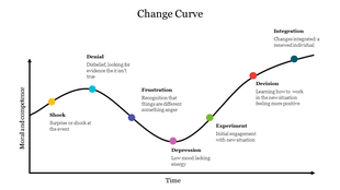 Change curve diagram mapping emotional responses over time, with stages from shock and denial along a wavy line.