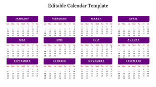 12 month calendar grid with purple headers for each month, arranged in three rows, showing days of the week and dates.