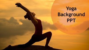 Yoga pose slide silhouette against a golden sunset sky, with text in an orange circle.