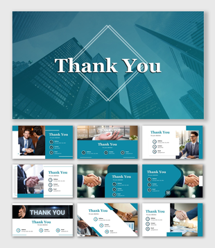 Thank you slide with a diamond frame at center with a phrase Thank you over a teal colored corporate background.