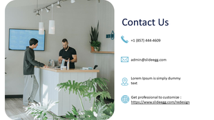 Contact PPT slide with contact information with a photo of two people at a counter, featuring phone, email, and details.