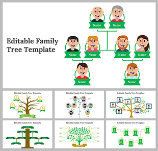 Slide deck featuring family tree with cartoon faces, green banners for names, and multiple tree layout designs.