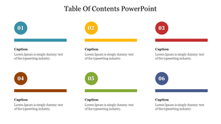 Table of contents slide featuring six numbered sections with colorful lines and placeholder text for each topic.
