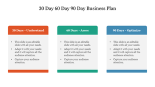 Slide with red, green, and blue boxes outlining a 30-60-90 day plan, each with a title and editable text for business strategy.