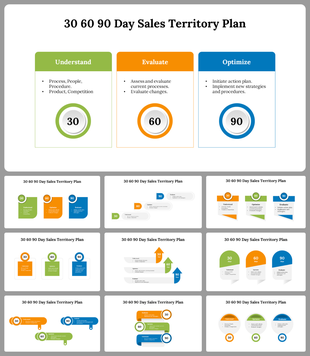 A pack of 30 60 90 day sales territory plan slides divided into three sections with different layout designs and icons.