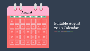 Calendar slide for August 2020 with stylized pink and red layout, weekday labels in green, and date grid beside title text.