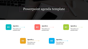 Agenda slide with five colored sections, numbered 01 to 05, each connected by arrows pointing right.