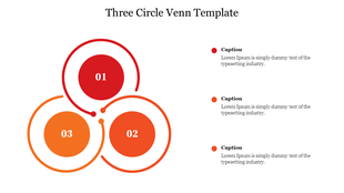 Venn diagram template showing three interlinked circles in shades of red and orange, each numbered and paired with text.