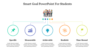 SMART goals slide with five circles in green, purple, blue, orange, and yellow, and a group of students in the center.