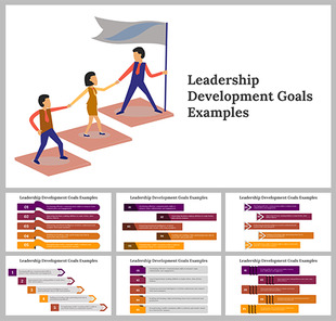 Slide deck on leadership development goals, featuring a visual of three people linked in unity and goal descriptions.