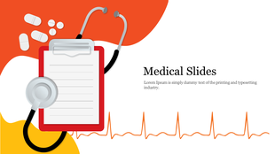 A colorful medical themed slide with a stethoscope, pills, and a clipboard with blank paper, alongside an ECG line.