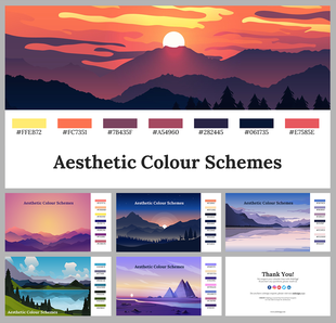 Slide deck showcasing various aesthetic color schemes with sunset and landscape themes in soft, gradient palettes.