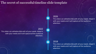Dark-themed slide featuring a vertical timeline with blue nodes and milestone years 2018, 2022, and 2026.