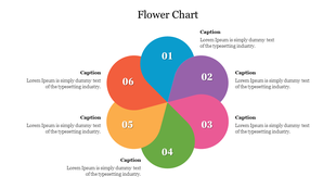 Flower-shaped infographic with six colorful petals, each labeled with a number and placeholder text areas.
