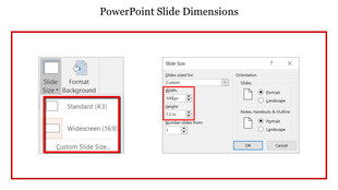 Options for setting slide dimensions in PowerPoint, including standard, widescreen, and custom sizes.