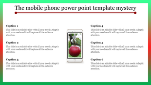 Mobile phone graphic in the center displaying a red apple, surrounded by six captions on a white background.