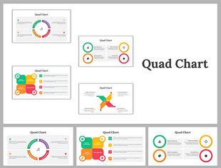 Collage of six quad chart designs featuring circular and square layouts with colorful icons and placeholder text area.