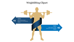 Stylized clipart of a weightlifter showcasing strength, flanked by blue ribbons for captions.