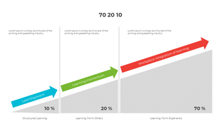 70-20-10 slide with arrows in blue, green, and red, indicating the learning types with gray triangular sections below.