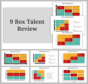 9 Box Talent Review title with three preview images of 9-box talent grids illustrating performance and potential.