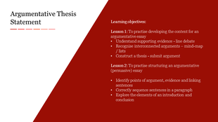 Split slide with title on white side and learning objectives on red, listing skills for argumentative essay development.