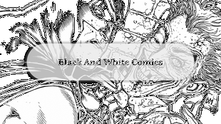 A dramatic illustration of characters from black and white comics, featuring intense expressions and dynamic action overlaid.