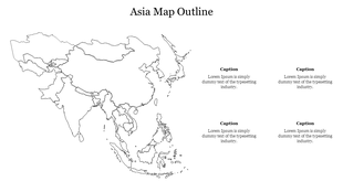 Outline a map of Asia with four text boxes for captions to highlight specific regions or data points.