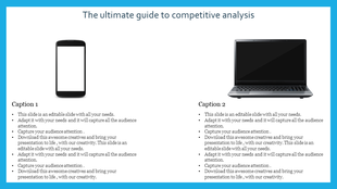 PowerPoint template for competitive analysis with a smartphone and laptop image, highlighting two captioned sections.