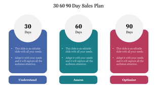 Visual layout of a 30 60 90 day plan with circular headers and colored columns labeled Understand, Assess, and Optimize.