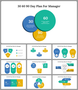 30-60-90 day plan slide deck for managers with colorful infographics in blue, green, and yellow, showing phases and goals.