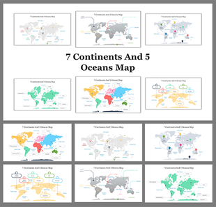 Pack of slides with multiple world maps showing the continents and oceans, using distinct color schemes.