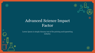 Science themed slide with icons of lab equipment on a teal background with orange border.