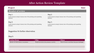 After action review template with a pink header, gray table layout, and placeholders for text in each step section.