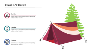 Camping graphic featuring a pitched tent beside a pine tree, with three travel related icons and captions aligned vertically.