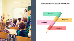 A slide with an elementary school classroom setting on the left and a multicolored pencil graphic with four caption spaces.