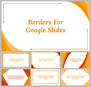 A pack of Google Slides template with orange borders and wavy accents, featuring various slide designs and a title.