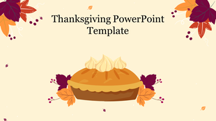 Thanksgiving slide with a pie illustration in the center, surrounded by autumn leaves and berries on a beige background.