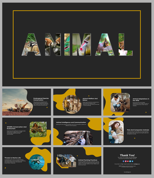 Slides with animal conservation themes, including wildlife and farming practices on dark backgrounds with yellow accents.