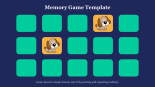 Memory game slide featuring a grid of green cards, with two matching cards displaying a cartoon puppy with text area.