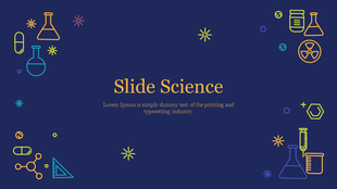 Colorful science themed slide featuring laboratory equipment icons on a dark blue background.