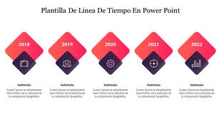 Plantilla de linea de tiempo slide with five red and purple gradient diamond shapes representing different years.