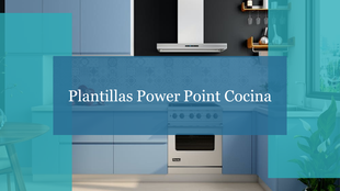 Plantillas cocina with cabinets and a stove, overlaid with a translucent blue rectangle text box, with teal backdrop.