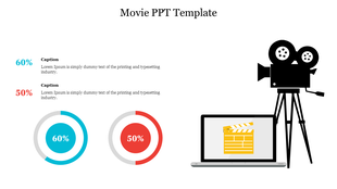 Movie template with pie charts, captions, a laptop showing a clapperboard, and a vintage film camera illustration.